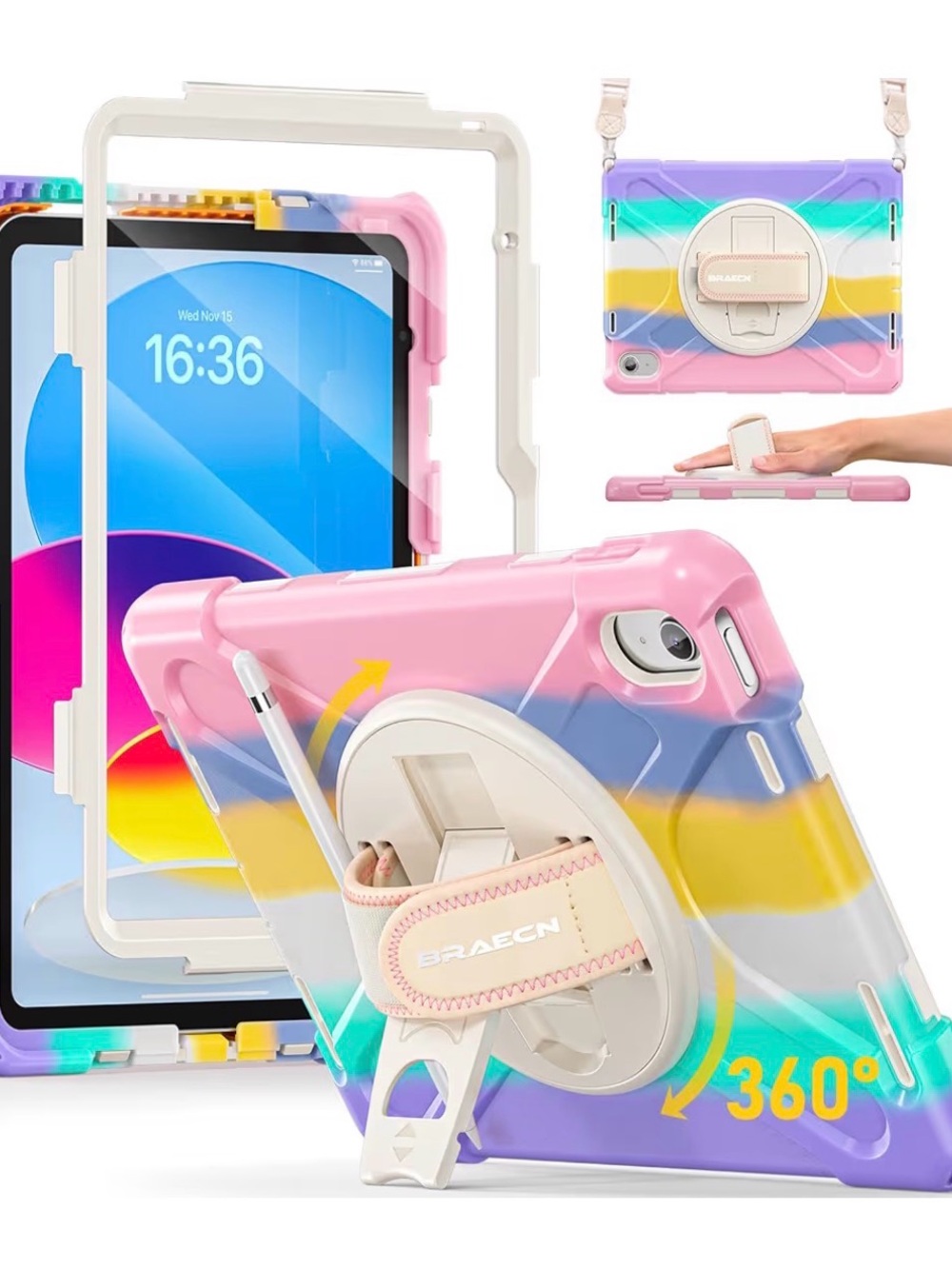 BRAECN iPad Case A16 10th/11th Generation w Shoulder Strap & Rotating Stand